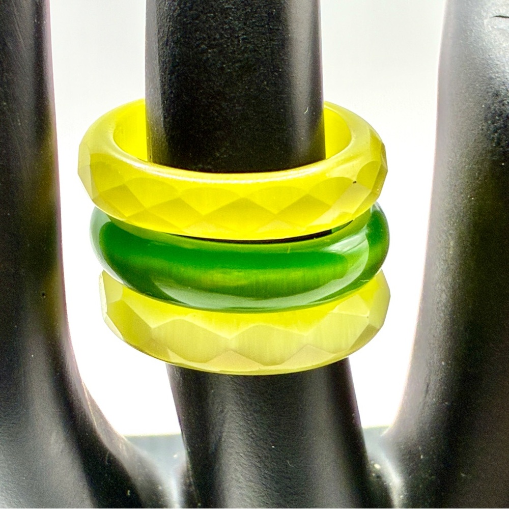 Vintage Set of 3 Lucite Rings, 2 Yellow, 1 Green Sizes 2 x 7.0 & 1 x 7.25